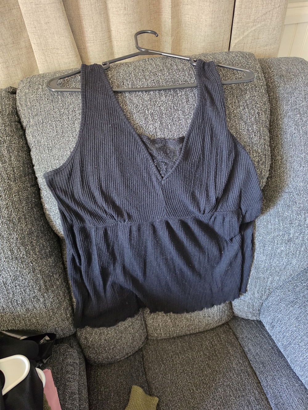 Maurices Black Ribbed V-Neck Tank with Lace Inset